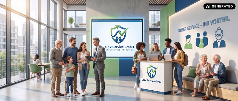Familien, Senioren und Berater der GKV Service GmbH in einer modernen Geschäftsstelle